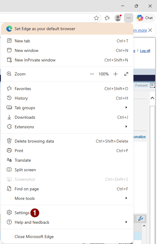 قائمة متصفح Microsoft Edge مفتوحة مع تمييز خيار Settings