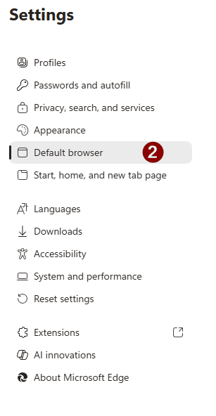 الشريط الجانبي لإعدادات Microsoft Edge مع تمييز خيار Default browser
