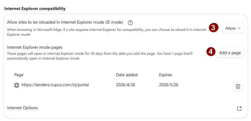 قسم Internet Explorer compatibility في إعدادات Edge يعرض القائمة المنسدلة Allow ورابط نبكو مُضافاً إلى قائمة صفحات وضع Internet Explorer